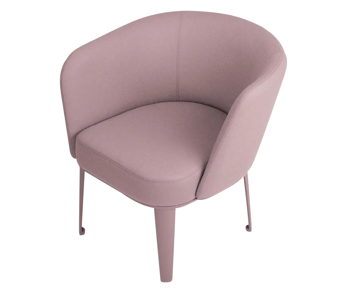 True Clara lounge chair, angled view with light pink upholstery, curved wraparound backrest, and slim legs.