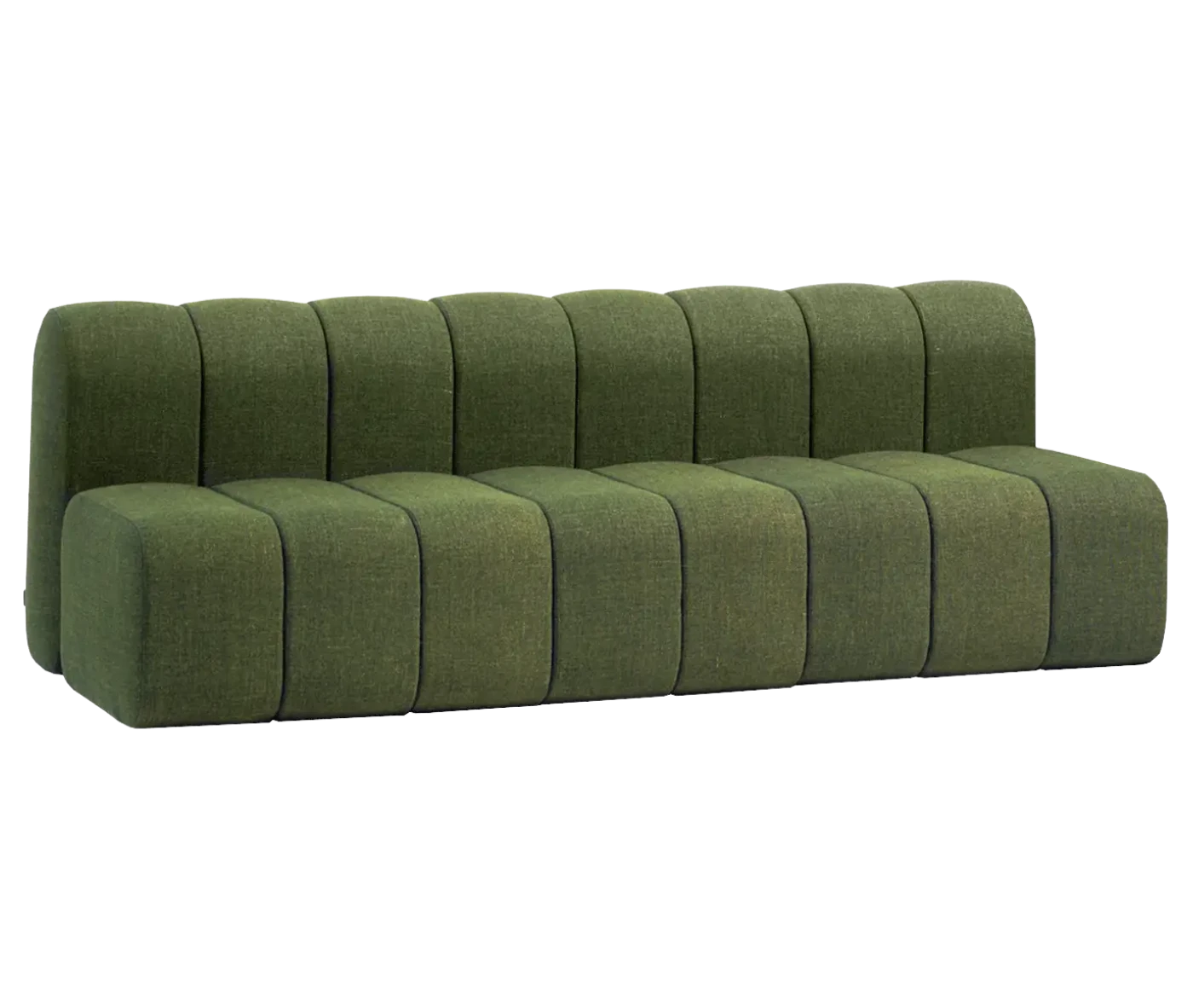 Bla Station BOB straight sofa in front-right view segmented modular design, rounded edges, and olive green upholstery.
