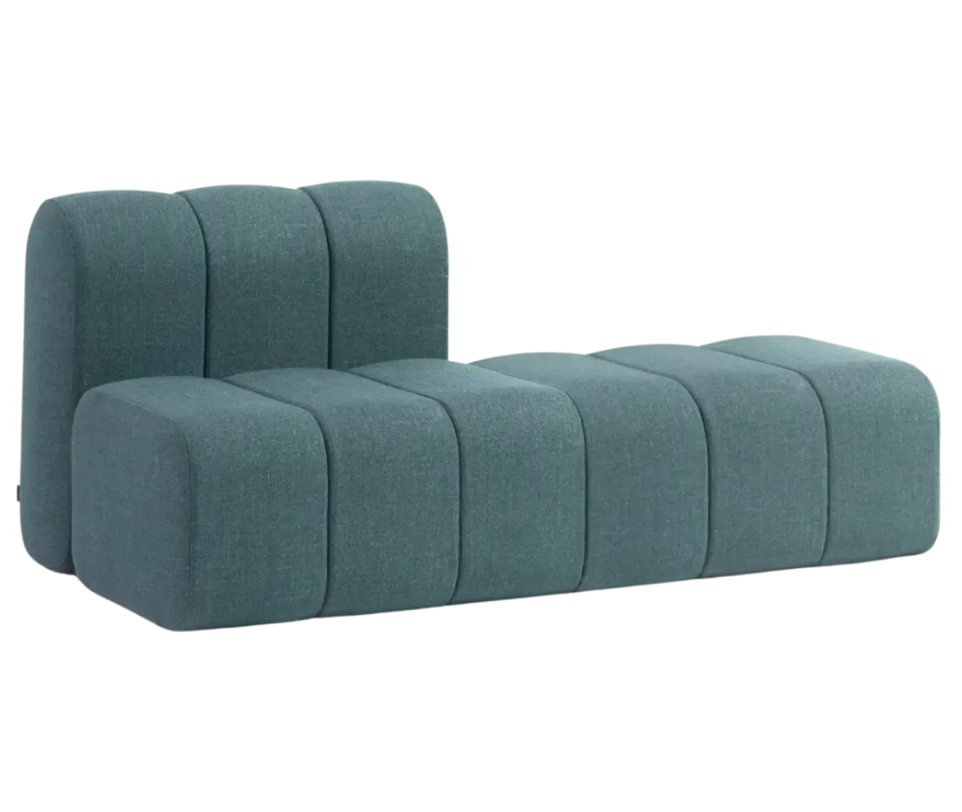 Bla Station BOB straight sofa in front-right view segmented modular design, rounded edges, and teal blue upholstery.