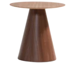 Bla Station Jackless table in wooden material, shown in front view with round tabletops and tapered conical base.