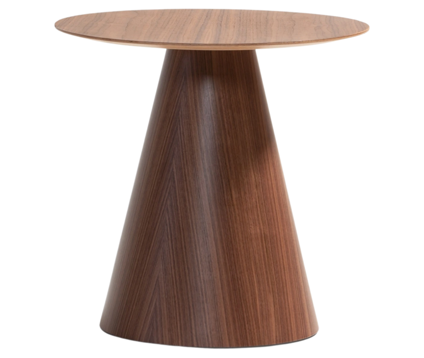 Bla Station Jackless table in wooden material, shown in front view with round tabletops and tapered conical base.