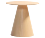 Bla Station Jackless table in wooden material, shown in front view with round tabletops and tapered conical base with light finish.