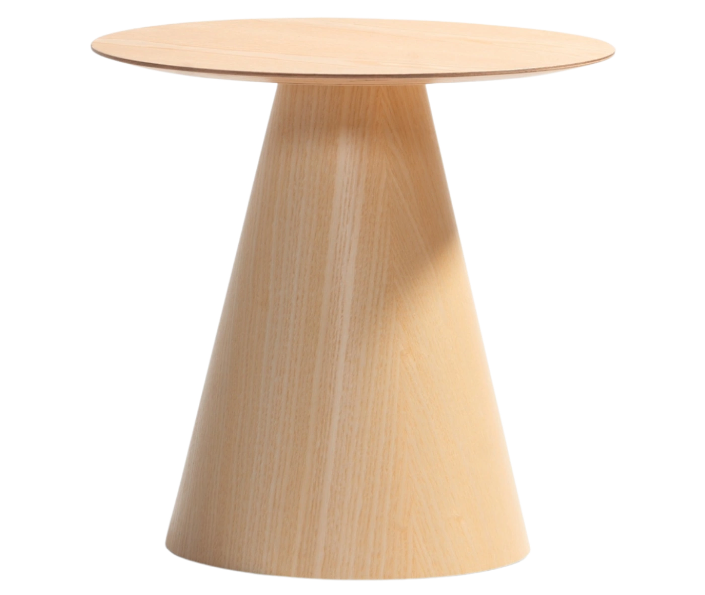 Bla Station Jackless table in wooden material, shown in front view with round tabletops and tapered conical base with light finish.