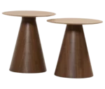Bla Station Jackless tables side by side in front view, with round tabletops and tapered conical bases in a dark wood finish.
