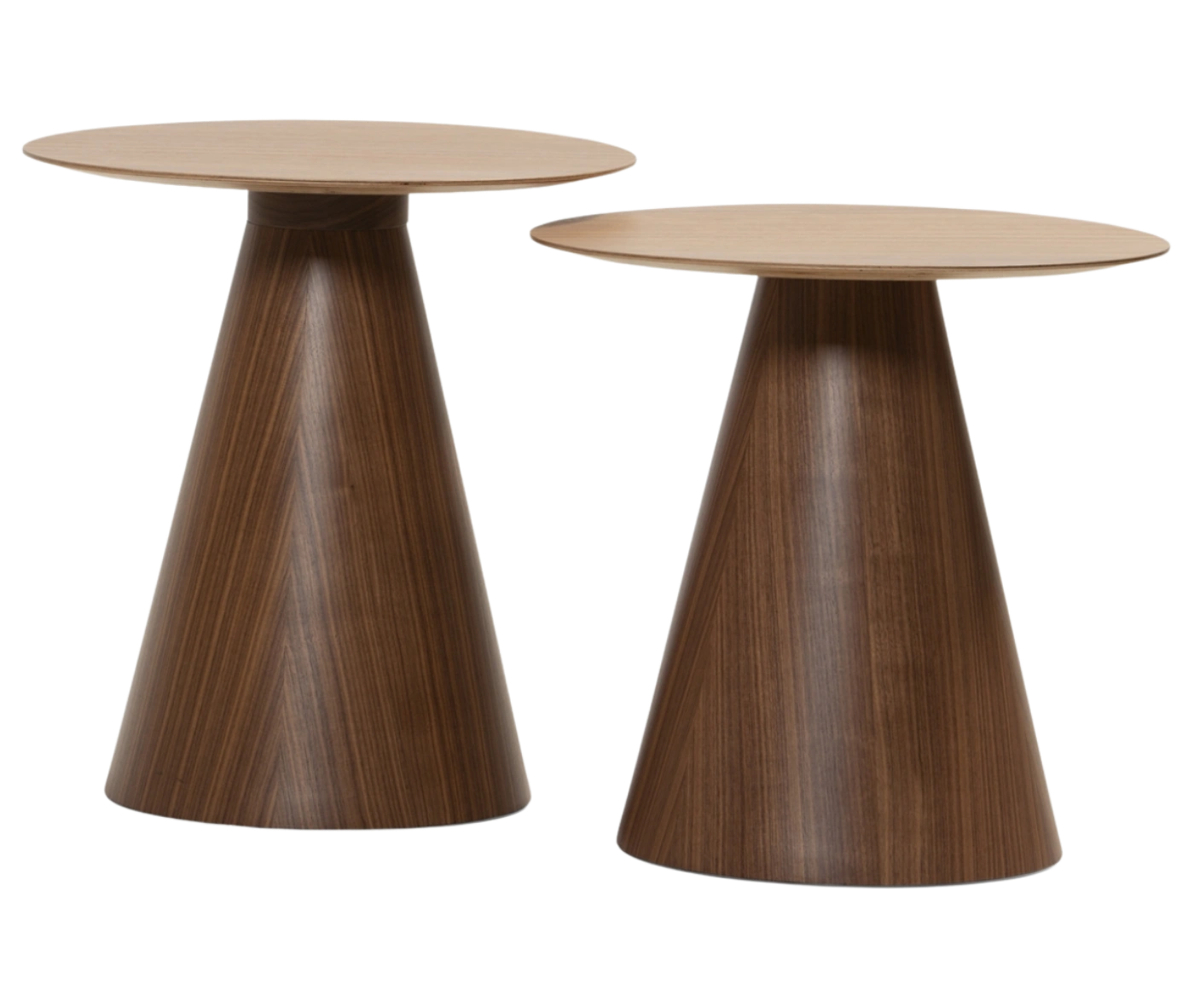 Bla Station Jackless tables side by side in front view, with round tabletops and tapered conical bases in a dark wood finish.