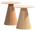 Bla Station Jackless tables in wooden material, shown in front view with round tabletops and tapered conical base.