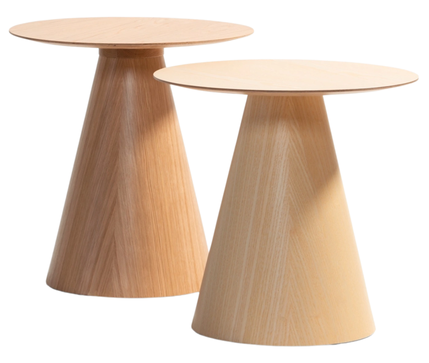 Bla Station Jackless tables in wooden material, shown in front view with round tabletops and tapered conical base.