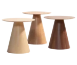 Bla Station Jackless tables lined up with round tabletops and tapered conical bases in assorted finish.