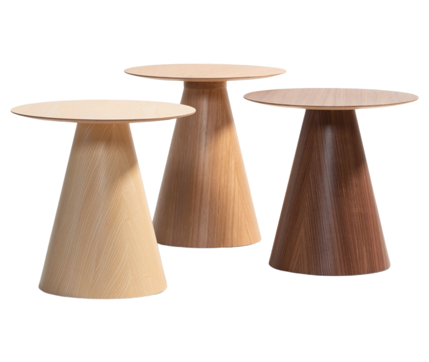 Bla Station Jackless tables lined up with round tabletops and tapered conical bases in assorted finish.