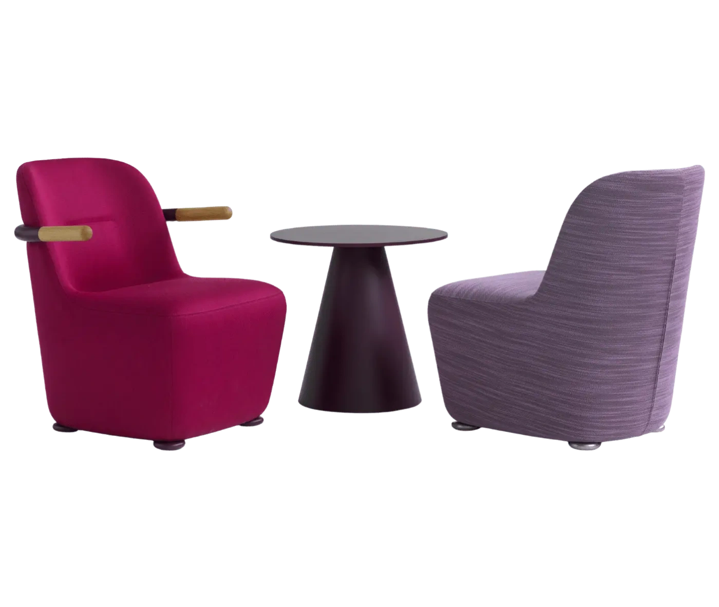 Bla Station Jackson table and Jackson lounge chairs in different upholstery, featuring curved backrests and armrests.