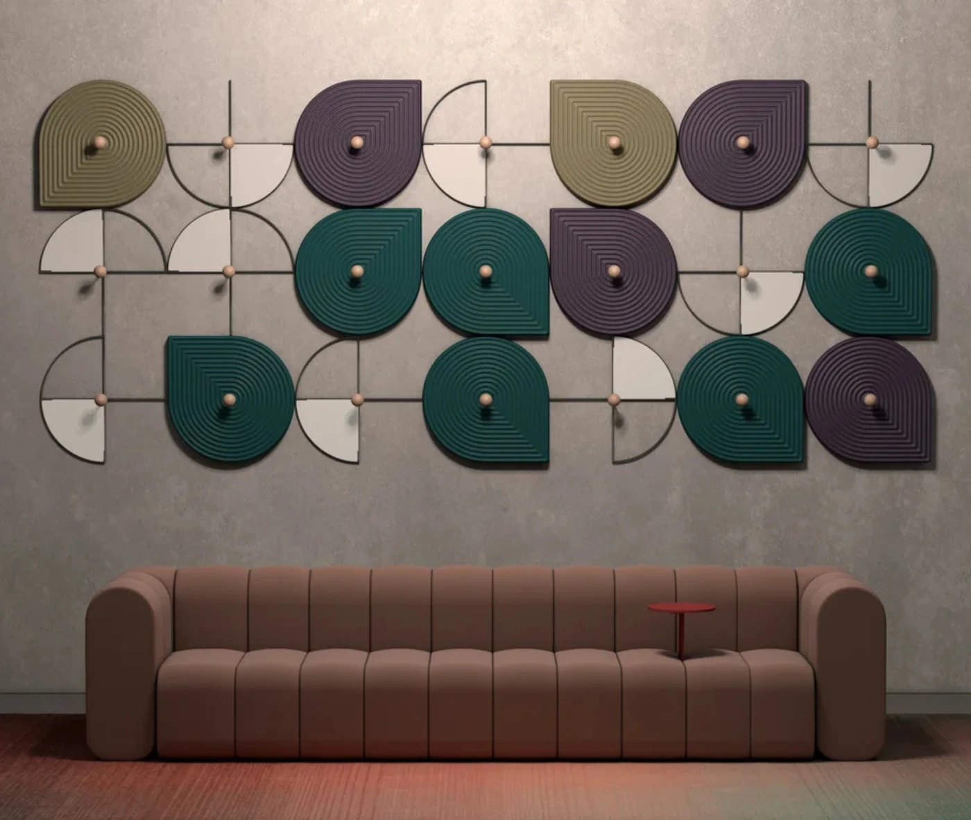 Bla Station Decofunc acoustic panels in assorted colours installed above BOB sofa in lounge setting.