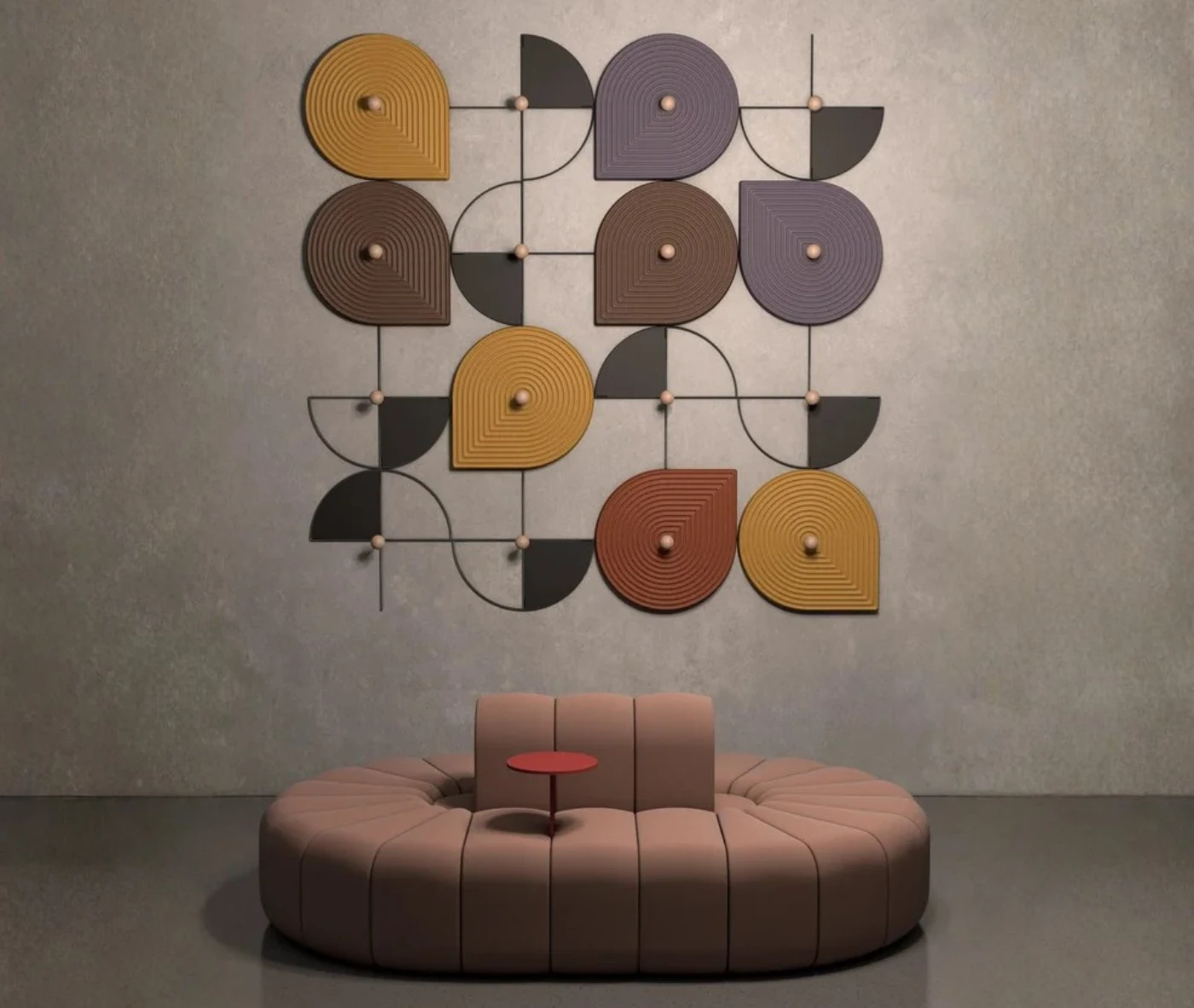 Bla Station Decofunc acoustic wall panels in lounge setting with assorted colours and geometric frame designs.