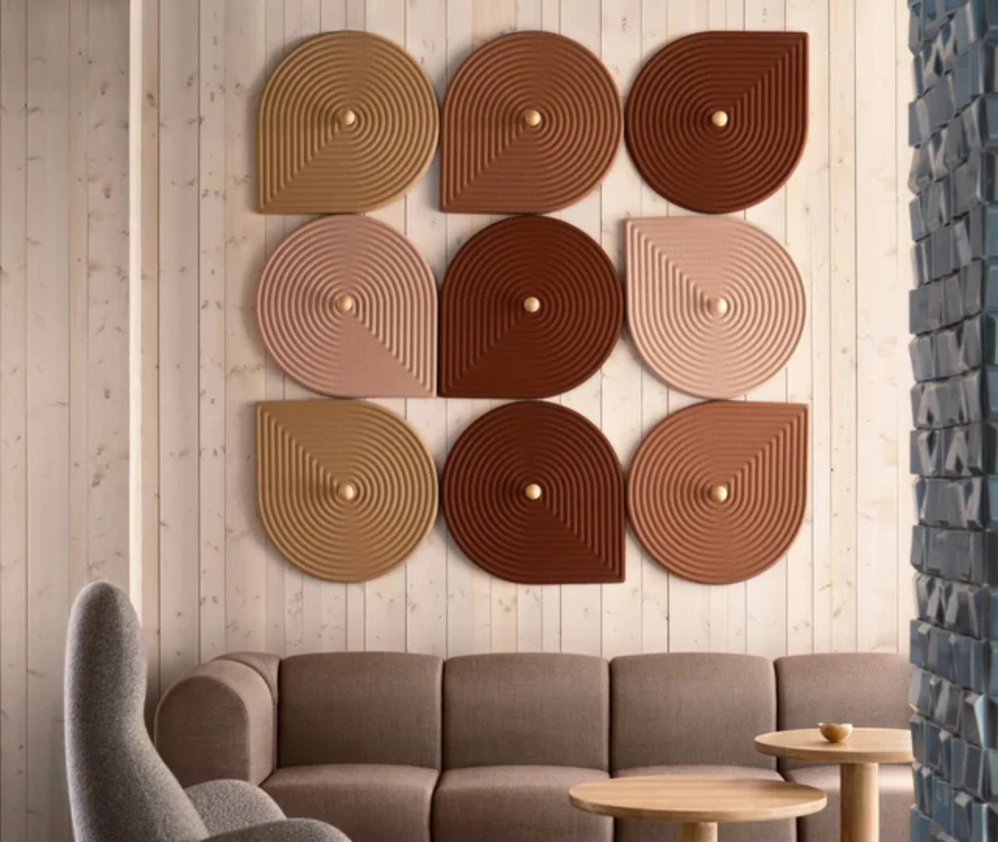 Bla Station Decofunc acoustic wall panels with varied layouts installed above lounge seating.