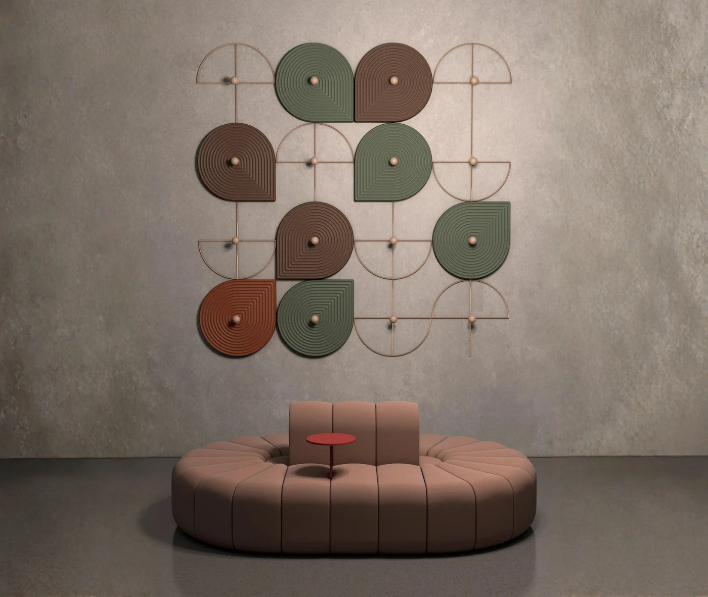 Bla Station Decofunc acoustic wall panels in assorted colours and geometric layouts above a modular lounge sofa.