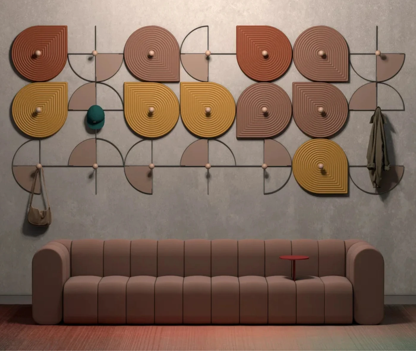 Bla Station Decofunc acoustic wall panels in front view with assorted colours in lounge setting.