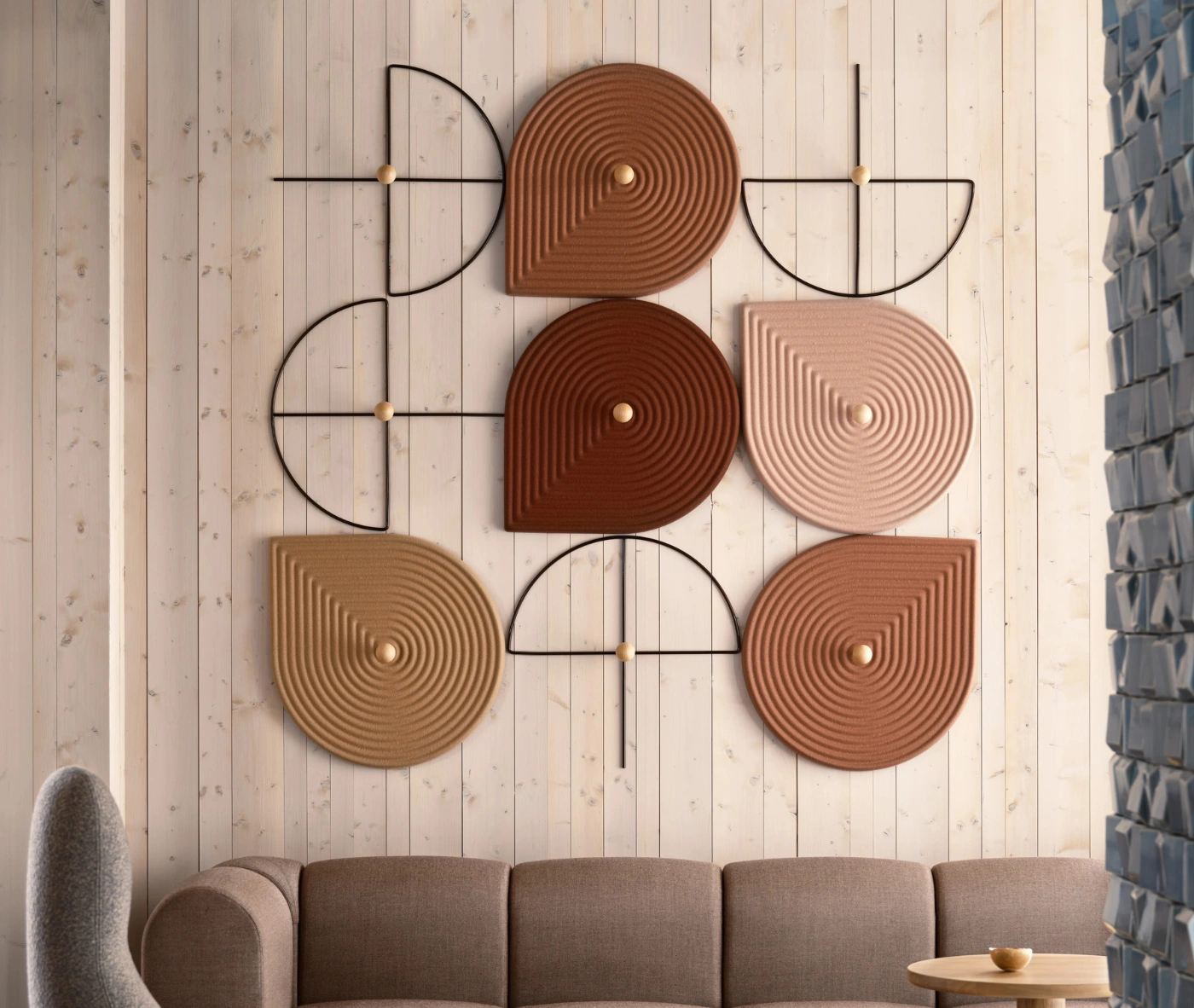 Bla Station Decofunc acoustic wall panels in assorted earth-tone colours with geometric layouts.
