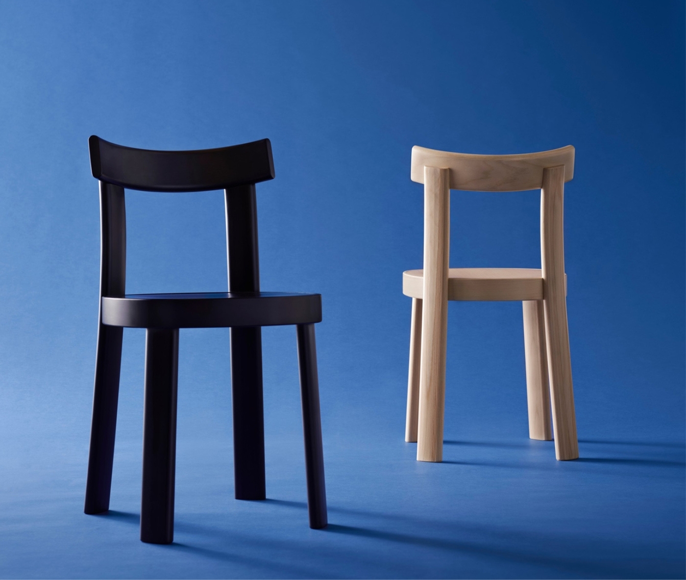Bla Station Frankfurter chairs showcasing black and natural timber finishes in a studio setting.