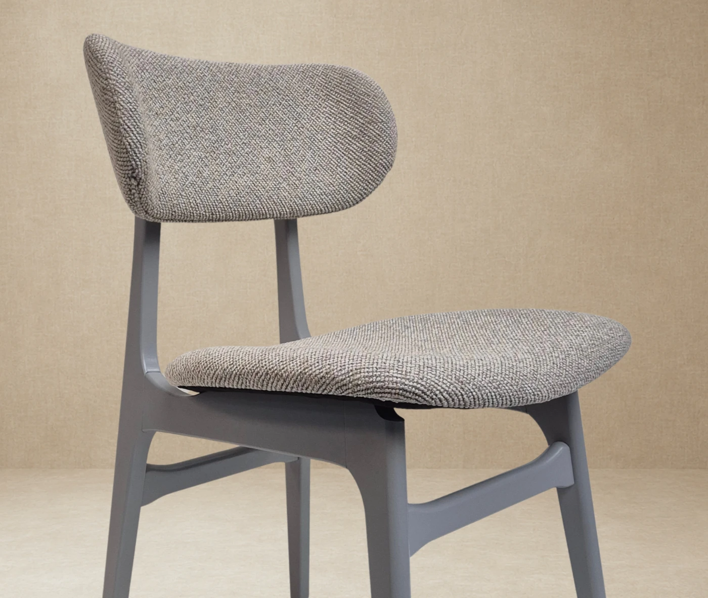 P4 Annalisa C2 hospitality chair in front-right, in studio setting, grey upholstered seat, and timber frame.