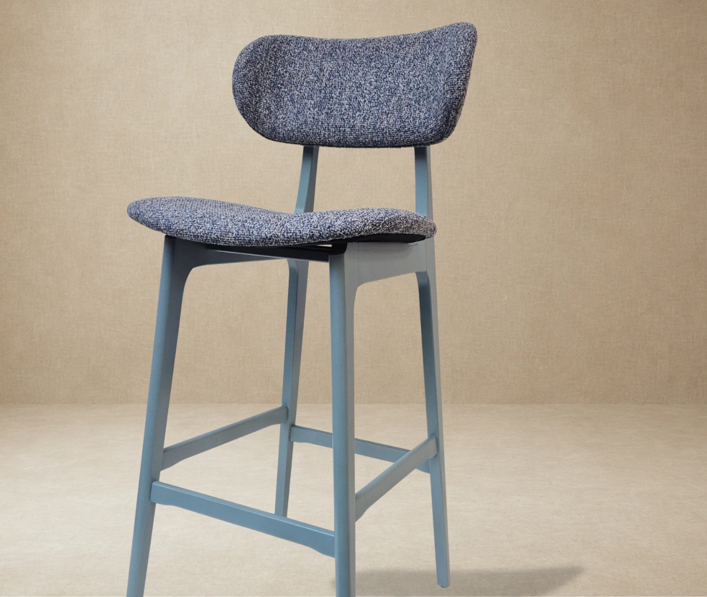 P4 Annalisa S2 stool in studio setting, dark upholstered seat and backrest in timber frame.