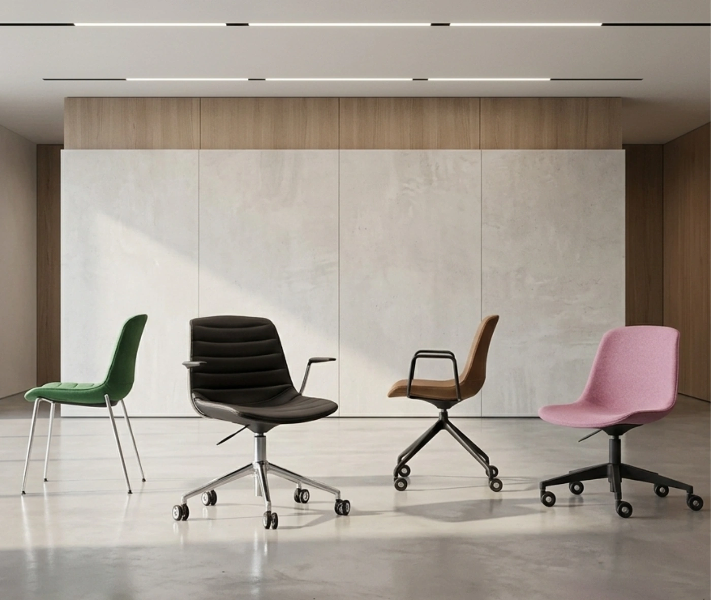 P4 Yoga chairs in various colours and base styles, shown in a studio setting.
