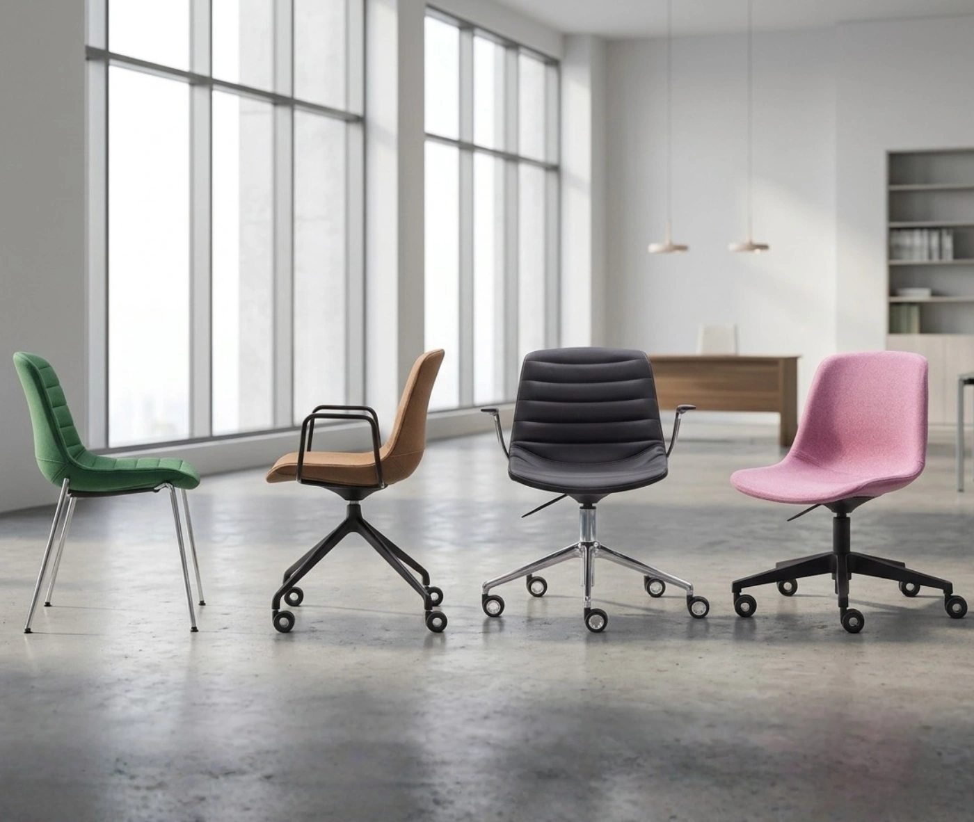 P4 Yoga chairs in various colours and base styles, shown in an office setting.