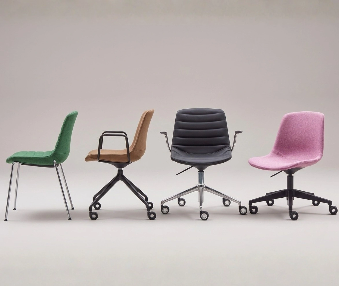 P4 Yoga chairs in various colours and base styles, displayed in a studio setting.