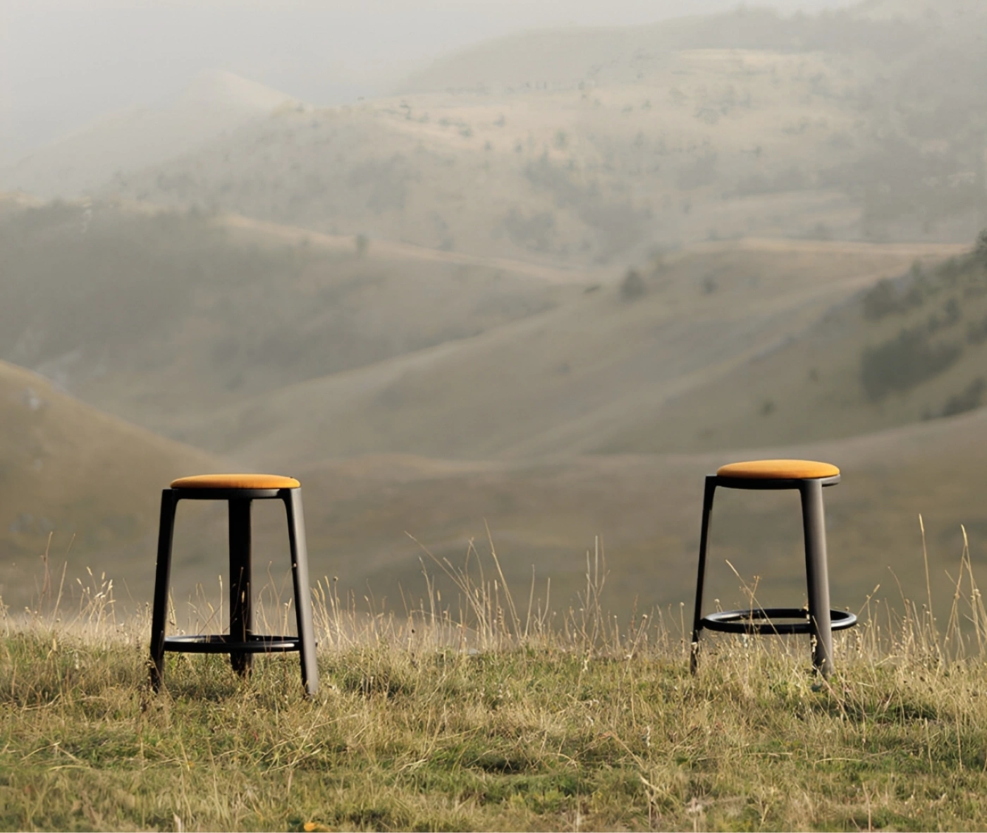 True Cute stools with mustard yellow upholstered seats, timber legs, circular footrest in an outdoor setting.