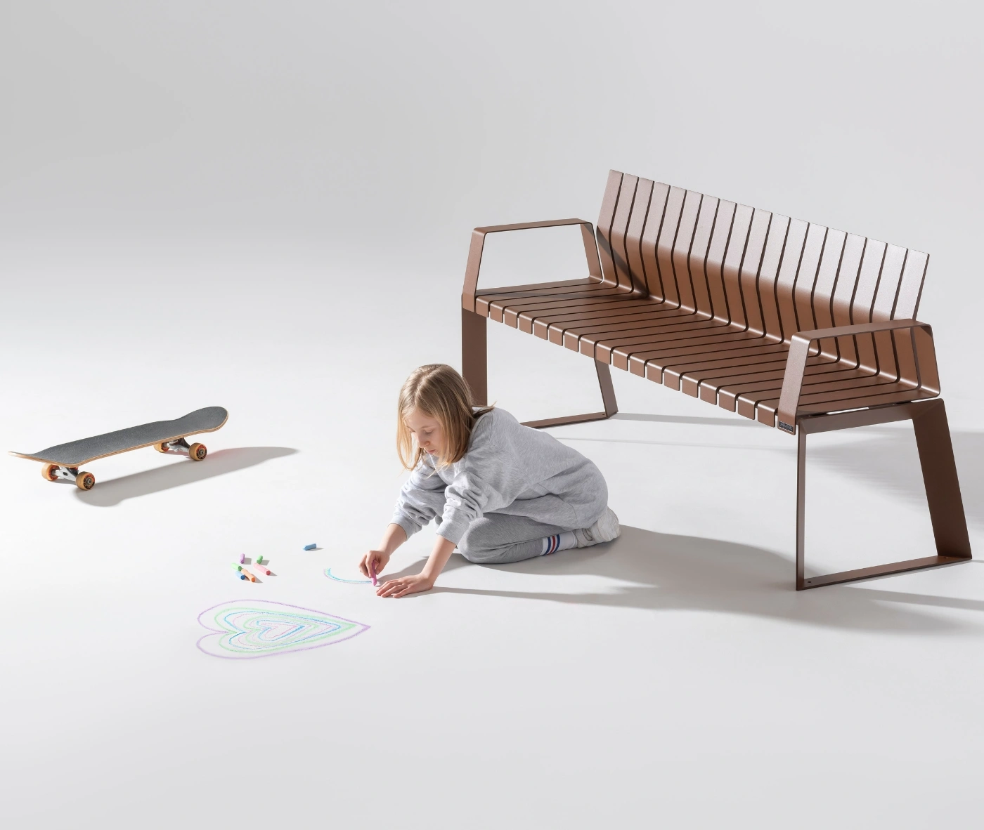 Urbantime Liberty.080 outdoor bench shown in a playful setting with child interaction.