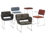 Bla Station Dundra chairs and stools with upholstered seats and slim metal legs.