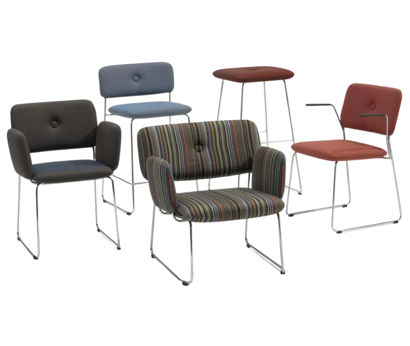 Bla Station Dundra chairs and stools with upholstered seats and slim metal legs.