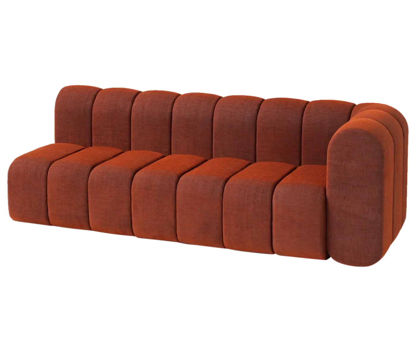 Front-left view of the Bla Station BOB sofa with rounded modular sections with single armrest.