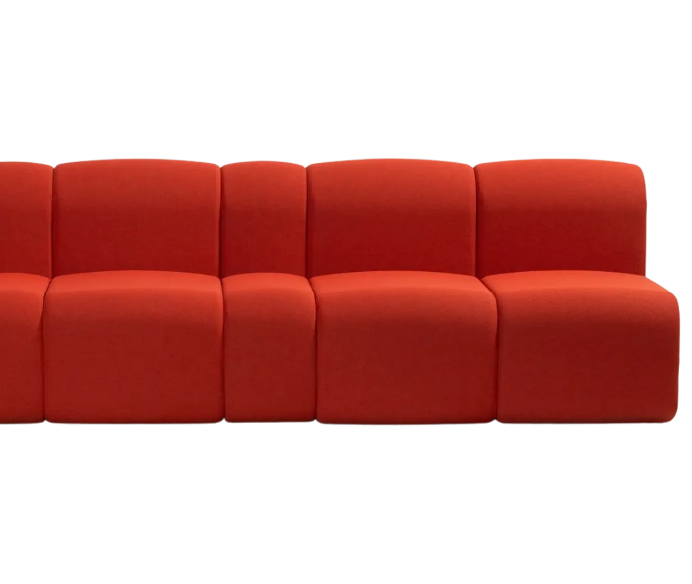 Bla Station BOB sofa in half view with rounded modular segments in red upholstery.