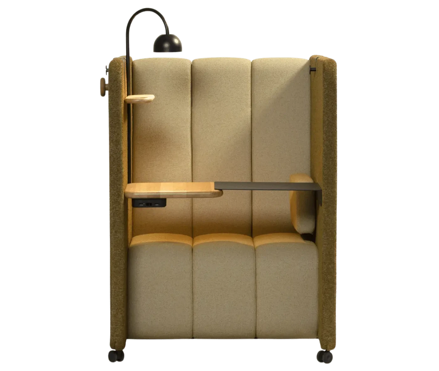 Front view of the Bla Station BOB Solo pod with integrated table,light, and high-back seating.
