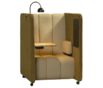 Front-right view of the Bla Station BOB Solo pod with integrated table,light, and high-back seating.