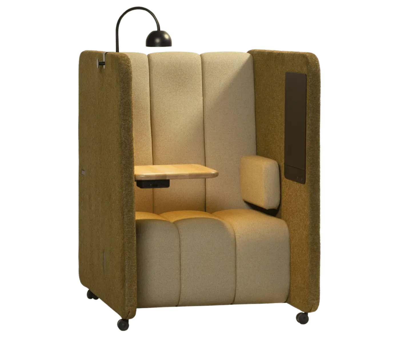 Front-right view of the Bla Station BOB Solo pod with integrated table,light, and high-back seating.