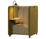 Front-left view of the Bla Station BOB Solo pod with integrated table, light, and high-back seating.