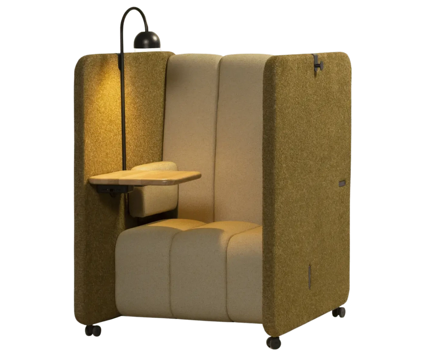 Front-left view of the Bla Station BOB Solo pod with integrated table, light, and high-back seating.
