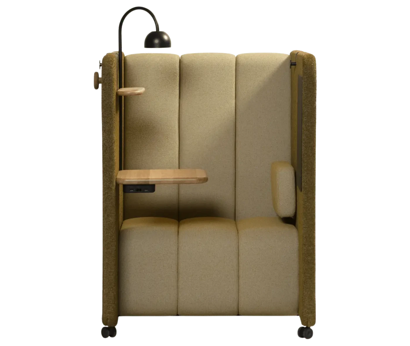 Blå Station BOB Solo pod in front view, upholstered seating, integrated side table, and lamp.