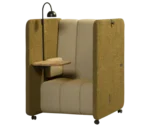 Blå Station BOB Solo pod in front-left view, upholstered seating, integrated side table, and lamp.