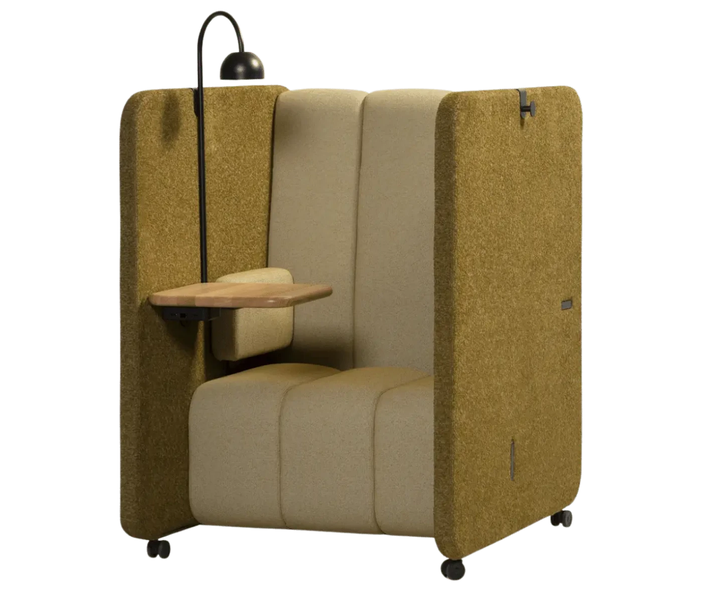 Blå Station BOB Solo pod in front-left view, upholstered seating, integrated side table, and lamp.