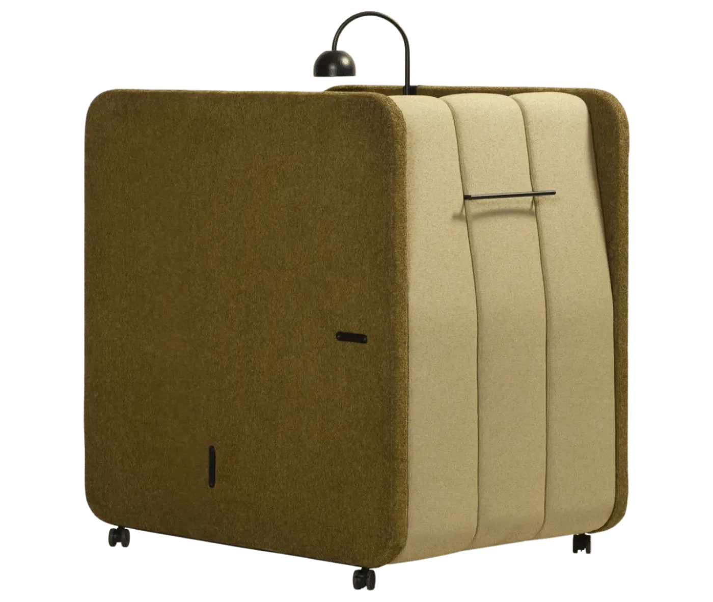 Blå Station BOB Solo pod in back view, upholstered seating, integrated side table, and lamp.