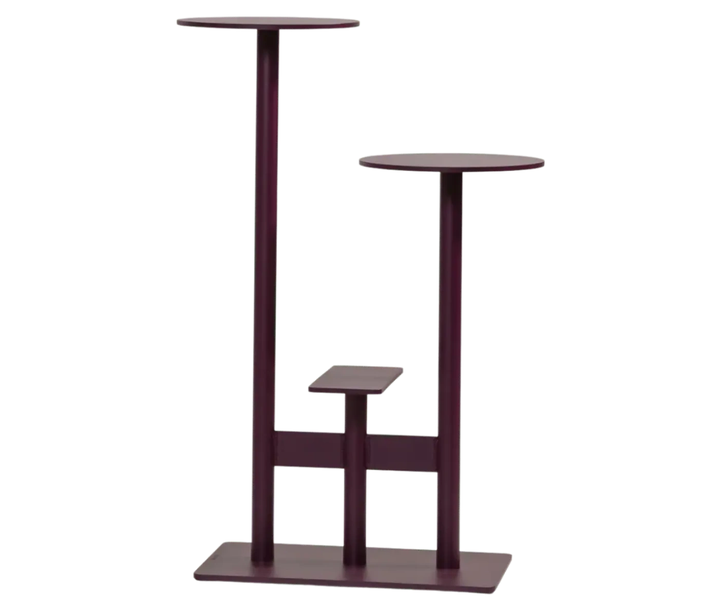 Bla Station Combo table and stool in front view with multi-level round tops in burgundy finish.