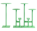 Bla Station Combo tables and stools in front view in light green finishes with round tops and multi-level metal bases.