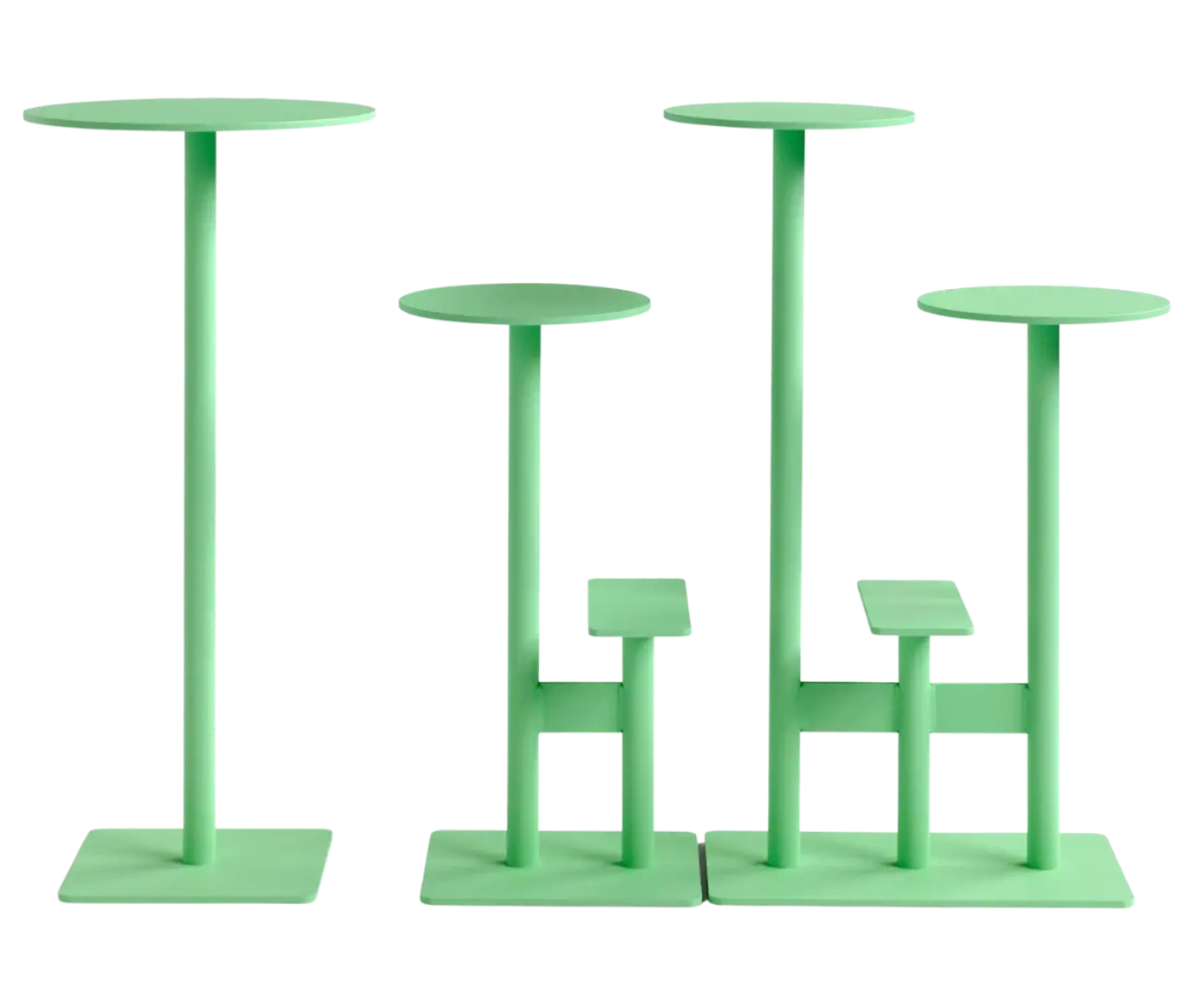 Bla Station Combo tables and stools in front view in light green finishes with round tops and multi-level metal bases.