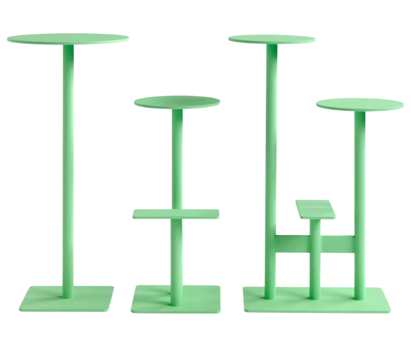 Bla Station Combo tables and stools lined up in light green finishes with round tops.