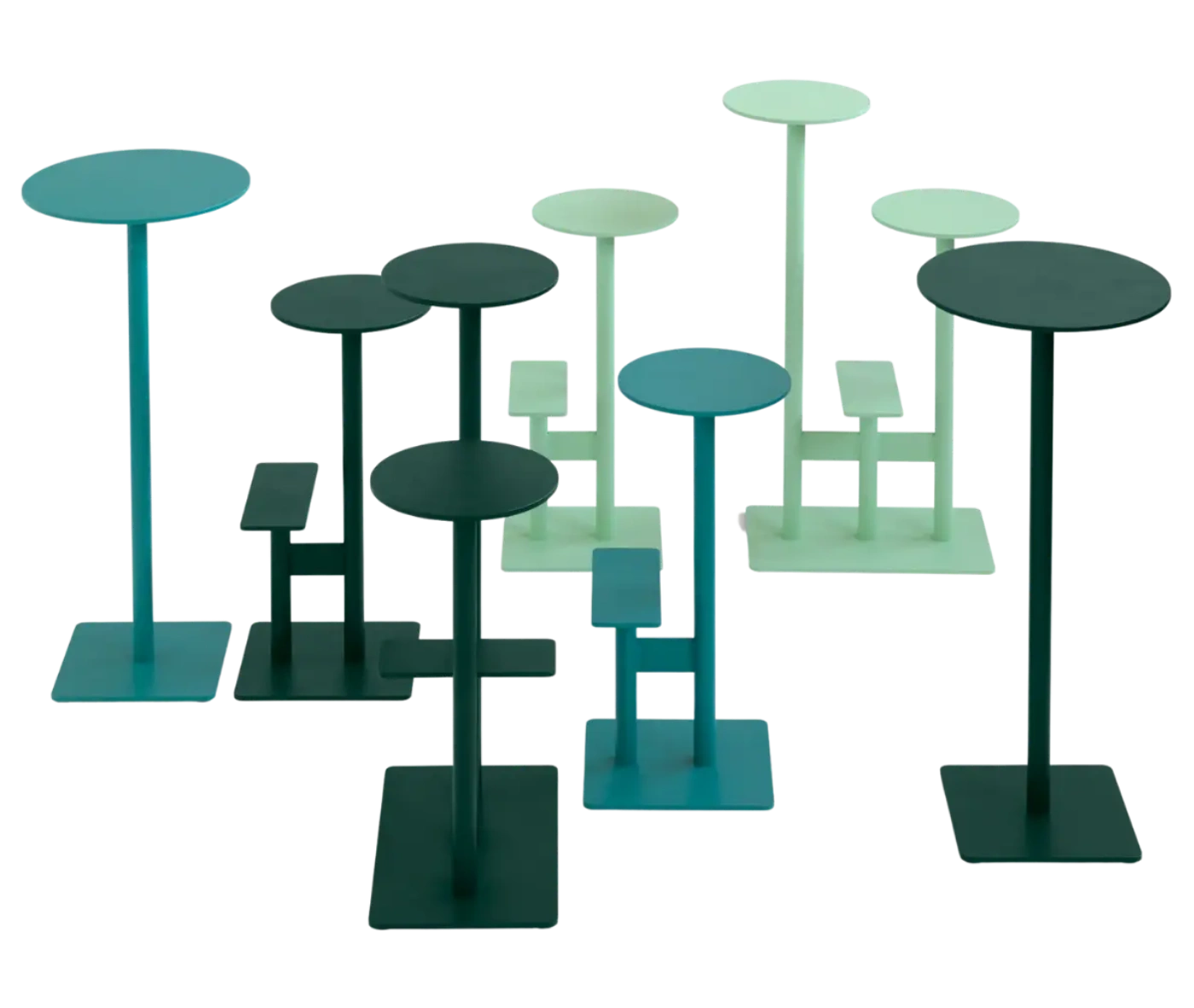 Bla Station Combo tables and stools in elevated view in varied heights and finishes.
