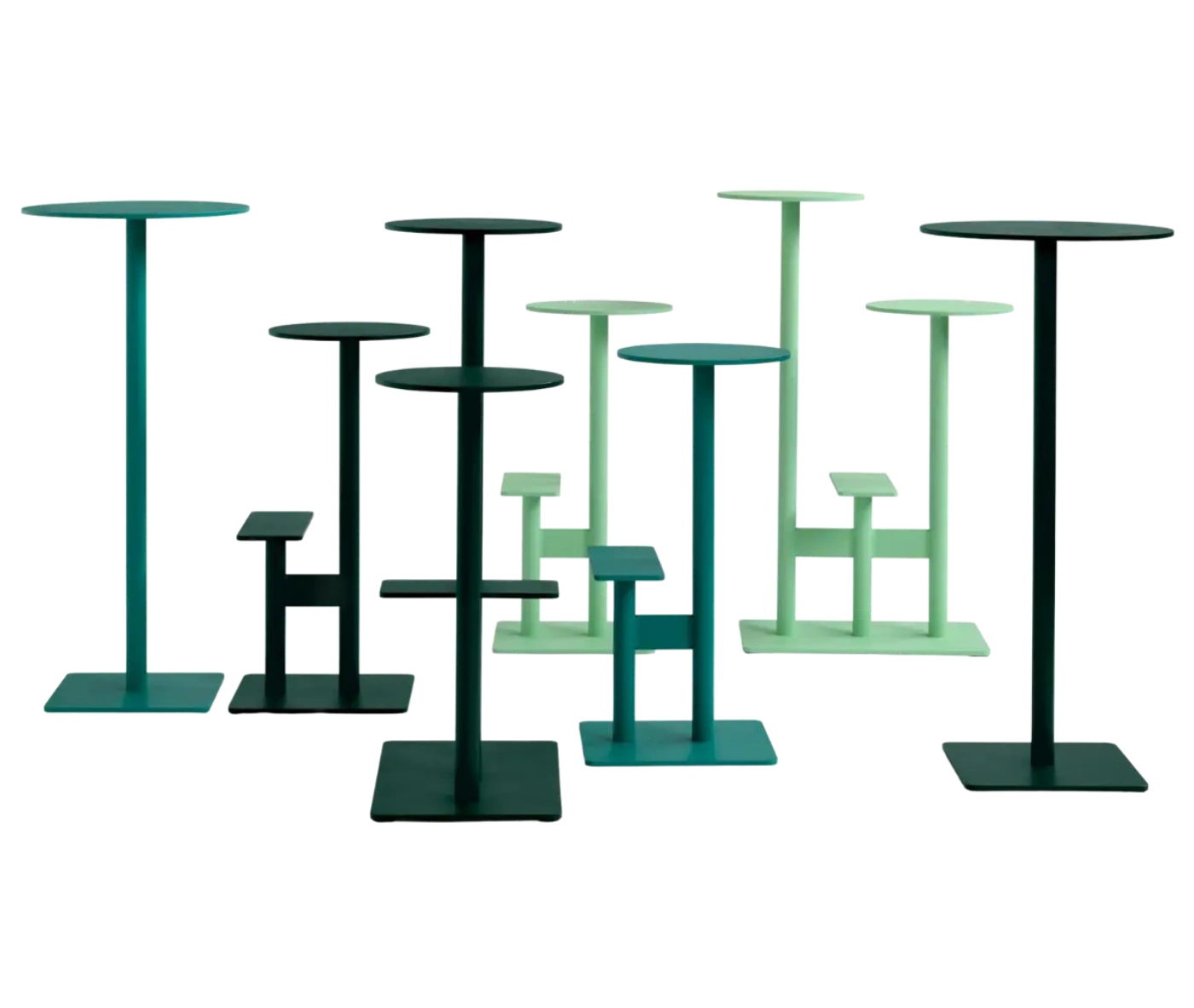 Bla Station Combo tables and stools arranged together in varied heights and finishes.