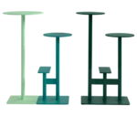 Bla Station Combo tables and stools lined up in varied heights and green finishes with round tops and sculptural bases.