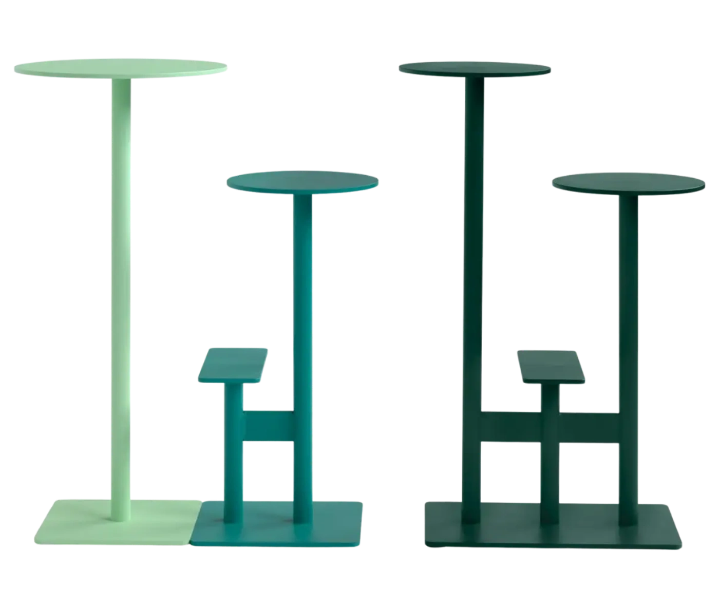 Bla Station Combo tables and stools lined up in varied heights and green finishes with round tops and sculptural bases.