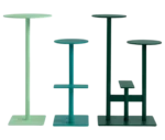 Bla Station Combo tables and stools in assorted heights and green finishes with round tops and sculptural metal bases.